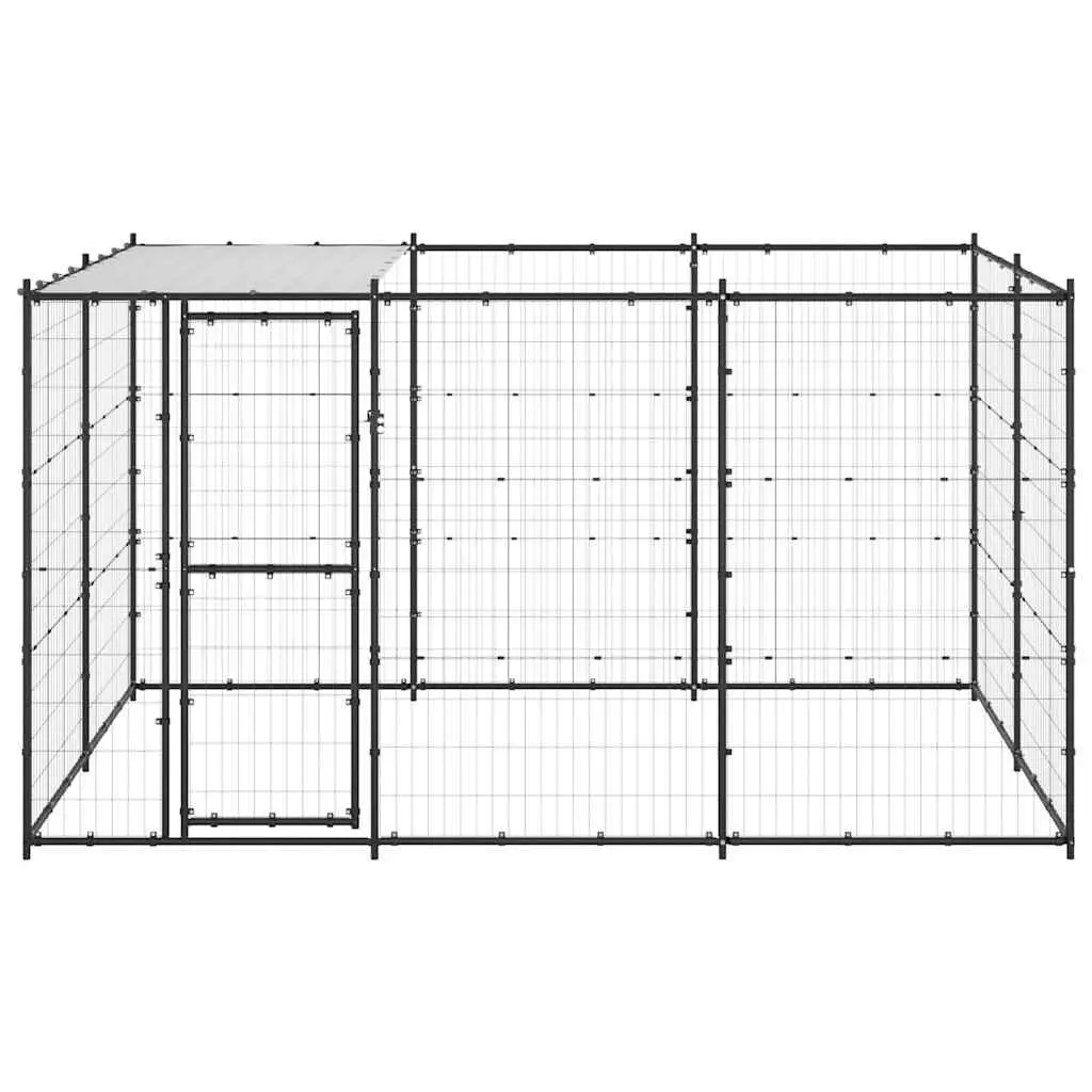 Dog Kennel Black Steel Frame Outdoor Run Enclosure with Roof Canopy 7.26 m²