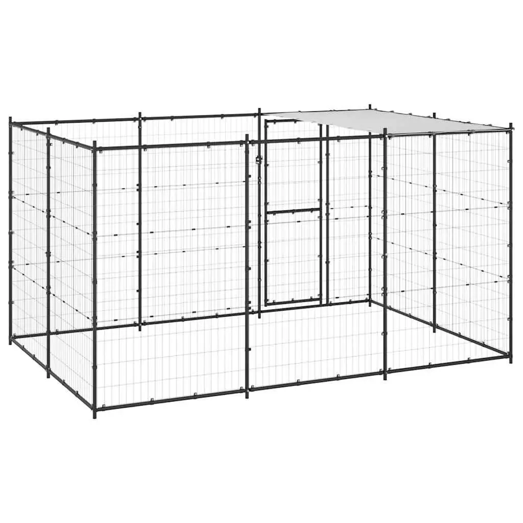 Dog Kennel Black Steel Frame Outdoor Run Enclosure with Roof Canopy 7.26 m²