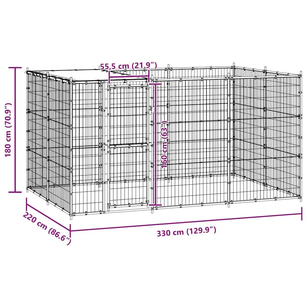 Dog Kennel Black Steel Frame Outdoor Run Enclosure with Roof Canopy 7.26 m²