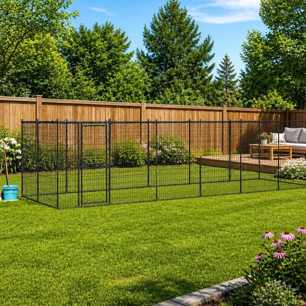 Dog Kennel Black 16.94 m² Steel Outdoor Enclosure with Roof Canopy