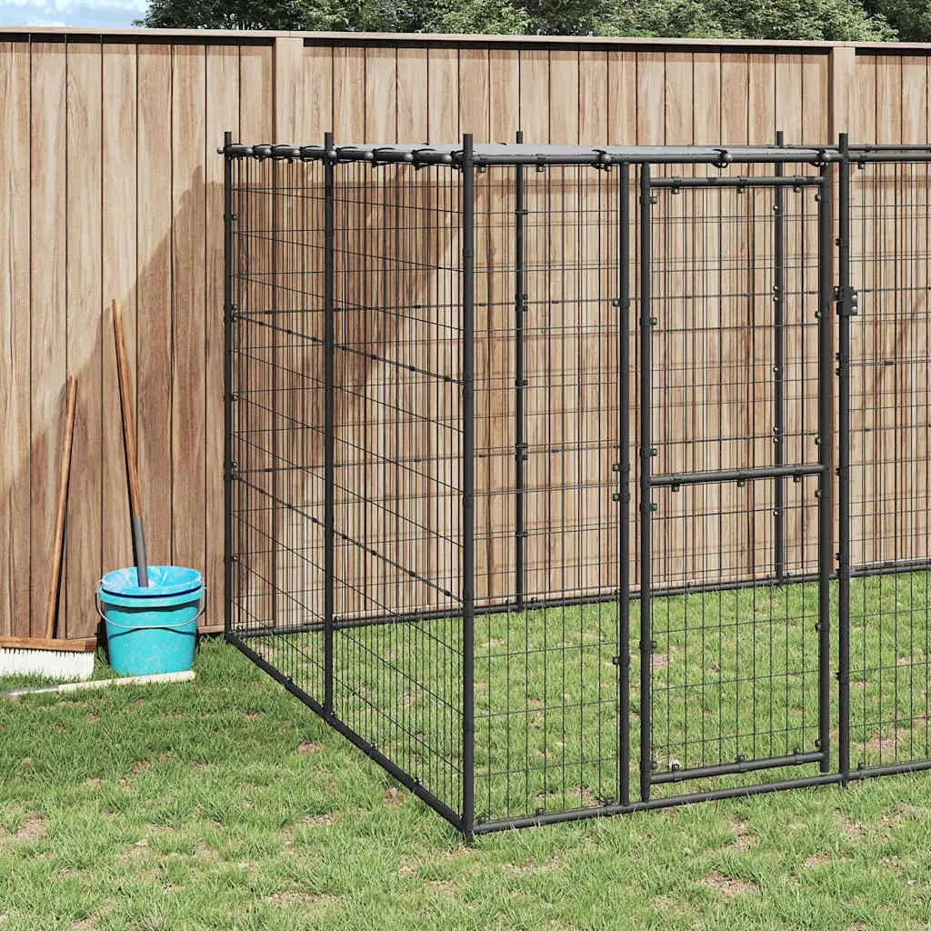 Dog Kennel Black Outdoor Steel Enclosure with Roof Mesh Run Lockable Door