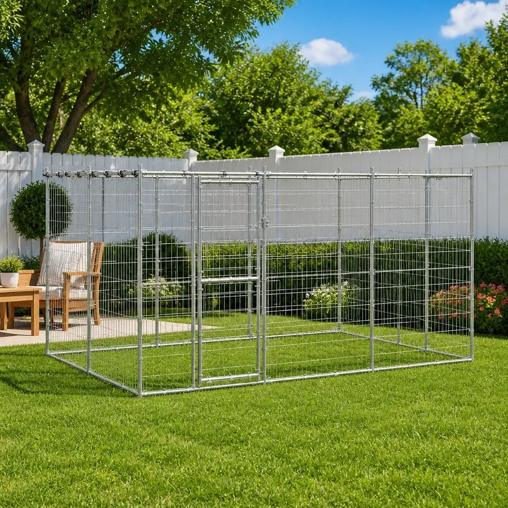 Dog Kennel Silver Large Galvanised Steel Mesh Roof Canopy Outdoor Exercise Run Pen