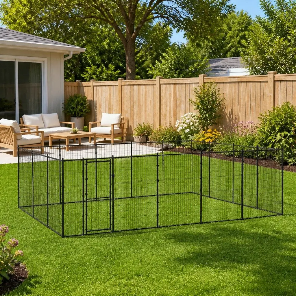 Dog Kennel Black 24.2m² Outdoor Steel Exercise Play Pen Run Enclosure