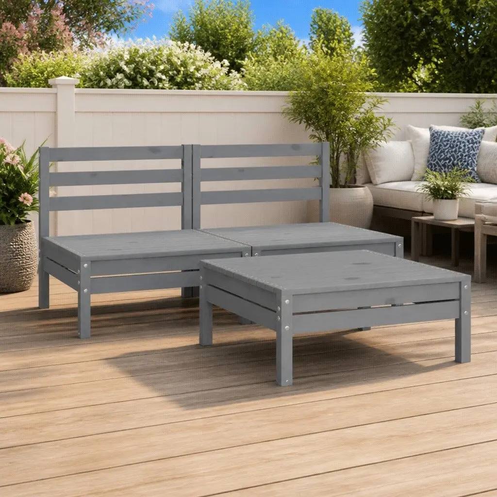 Garden Lounge Set 3 Piece Grey Solid Wood Pine Outdoor Furniture Modular