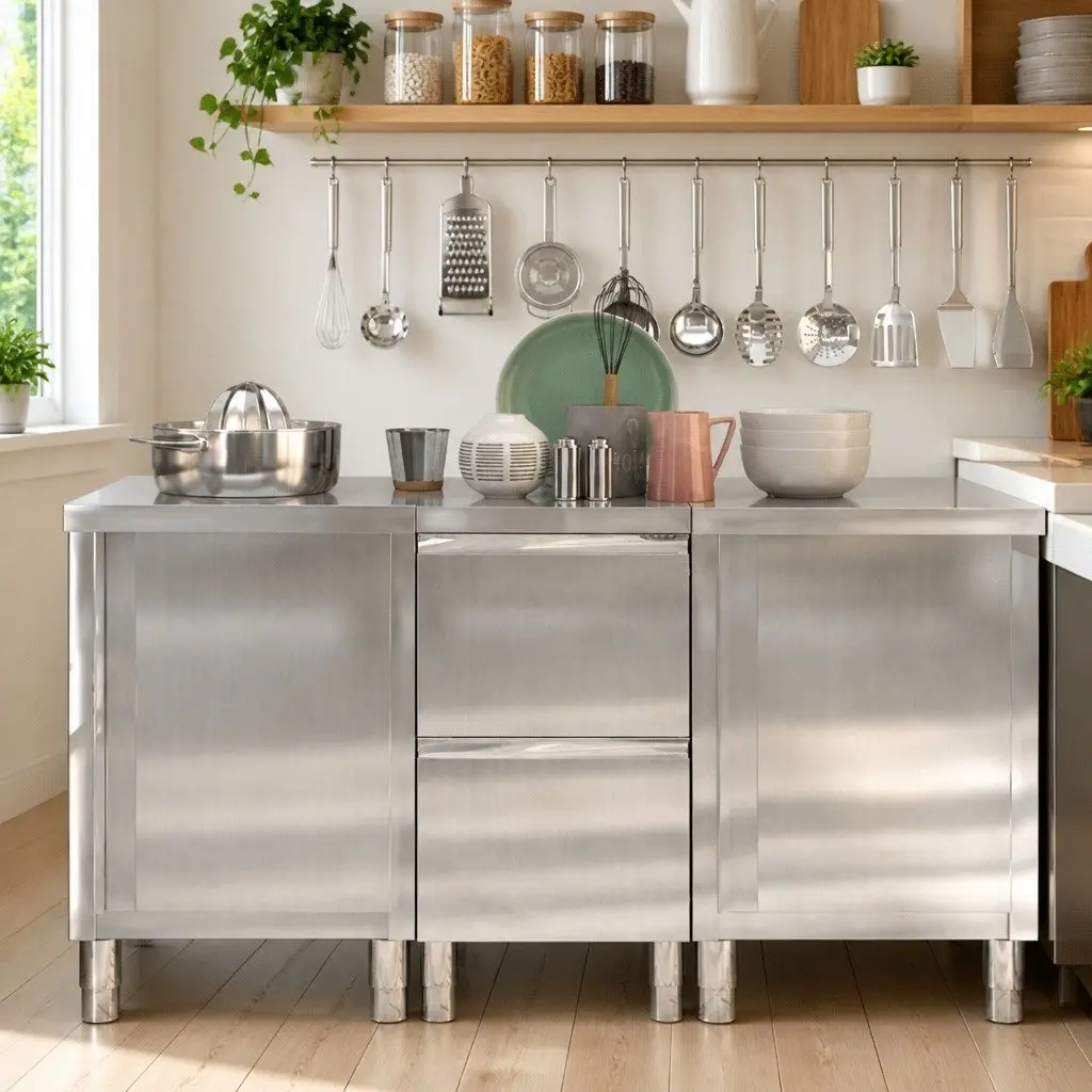 Commercial Kitchen Storage Cabinet Stainless Steel 3 Piece Adjustable Feet Backsplash