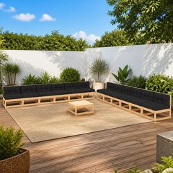 Solid 13-Piece Pinewood Outdoor Lounge Set with Cushions