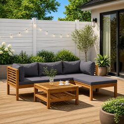 5 Piece Garden Lounge Set Outdoor Furniture Grey Acacia Wood Sofa Coffee Table