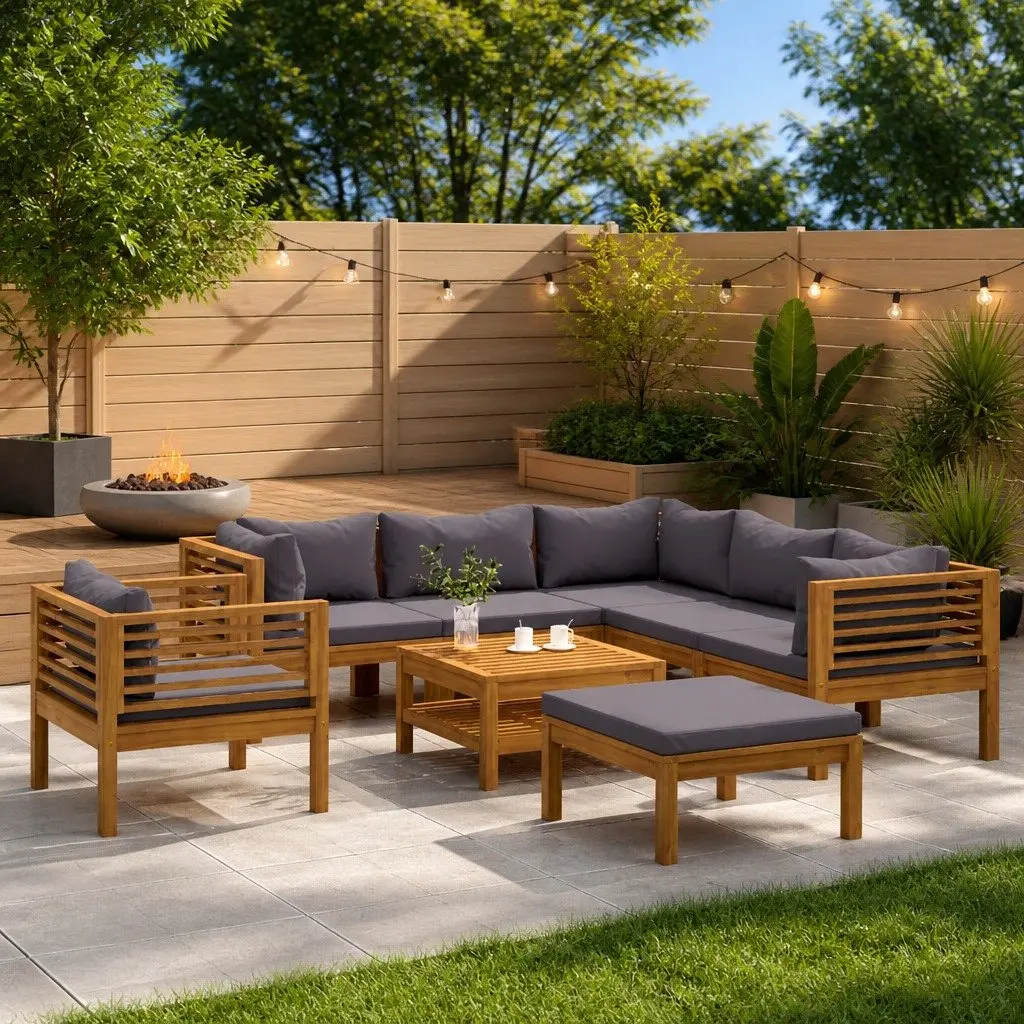 8 Piece Garden Lounge Set Grey Solid Acacia Wood Frame Removable Cushions Coffee Table