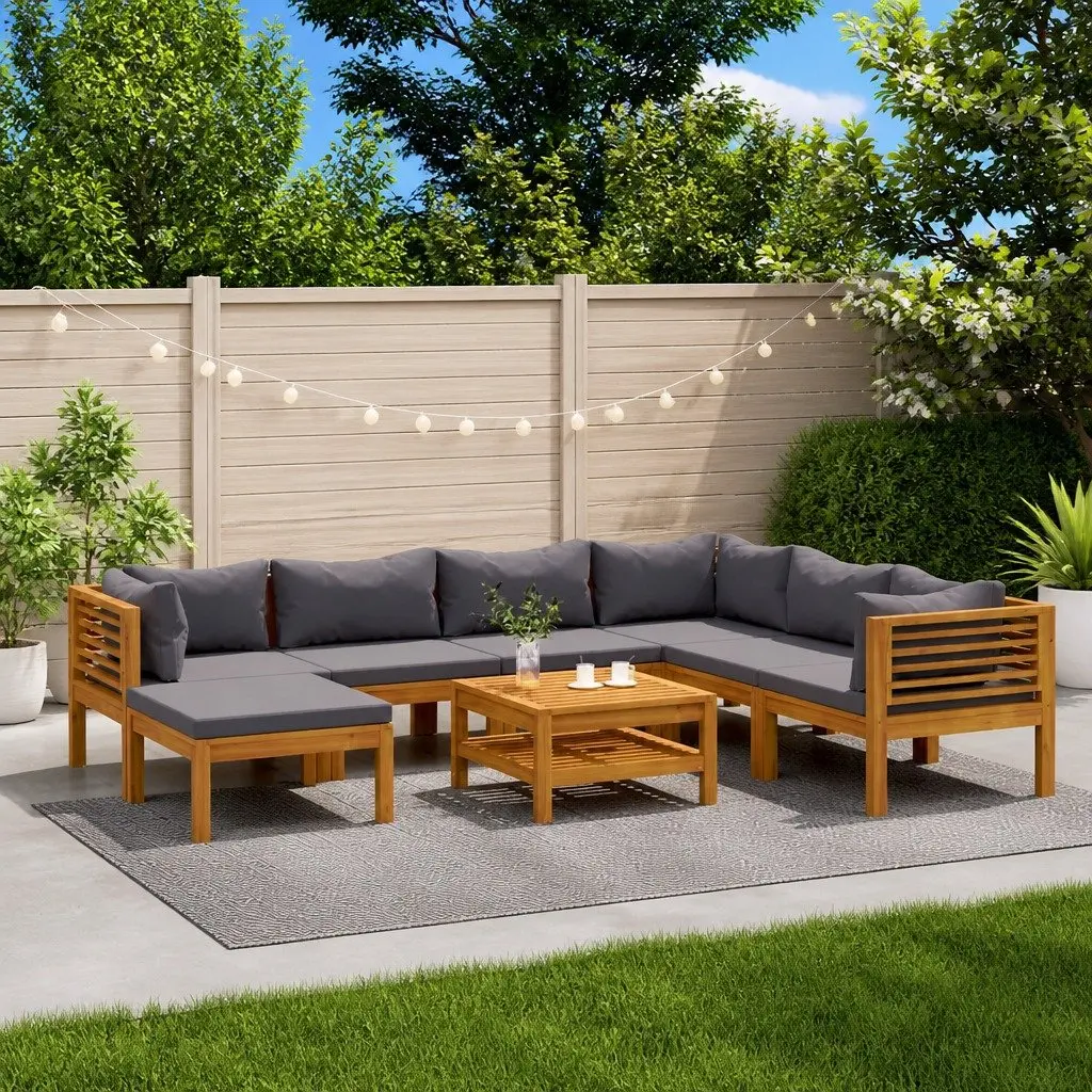 Garden Lounge Set Grey 8 Piece Outdoor Furniture Acacia Wood Modular Sofa with Removable Cushions and Slatted Coffee Table