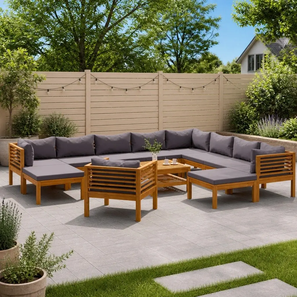 Outdoor Lounge Set Grey 12 Piece Modular Acacia Wood Sofa with Cushions