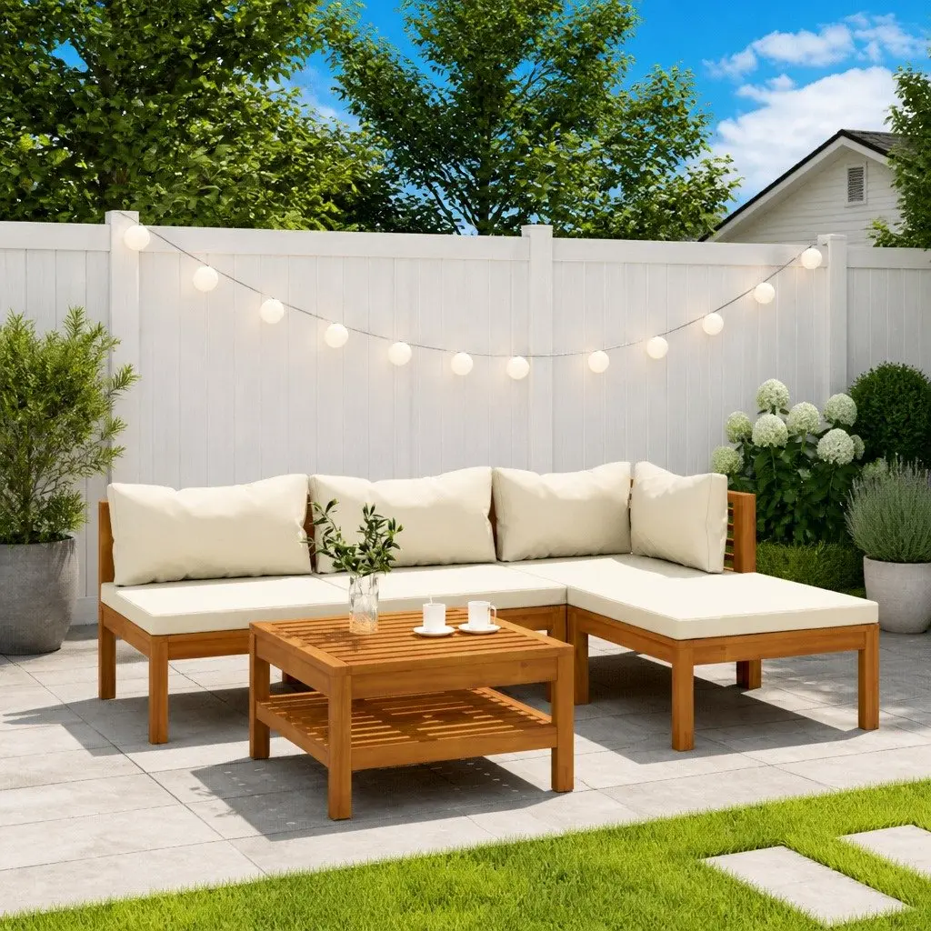 Outdoor Lounge Set Cream 5 Piece Solid Acacia Wood Sofa with Removable Cushions and Slatted Coffee Table