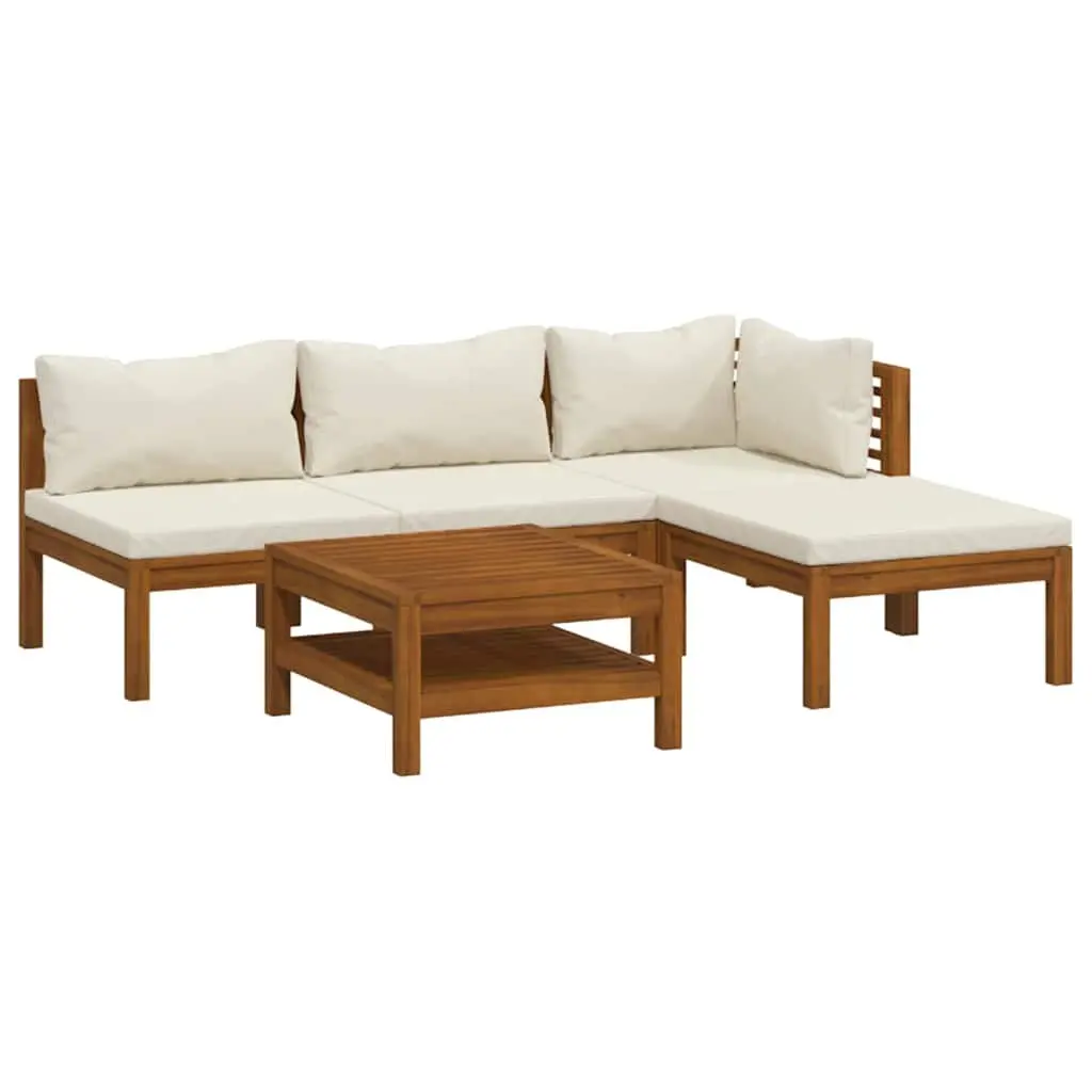 Outdoor Lounge Set Cream 5 Piece Solid Acacia Wood Sofa with Removable Cushions and Slatted Coffee Table