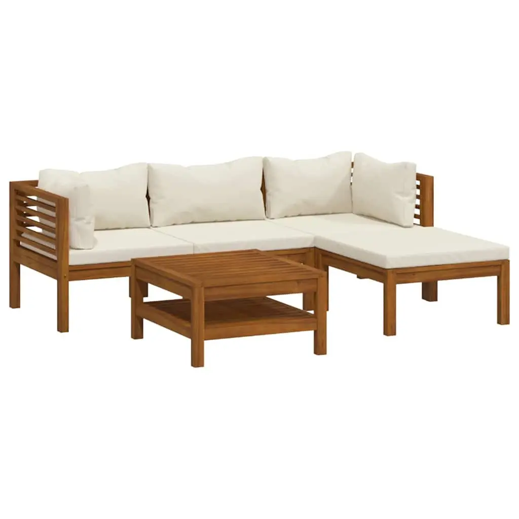 Garden Lounge Set Cream 5 Piece Modular Outdoor Furniture Solid Acacia Wood Frame Removable Cushions