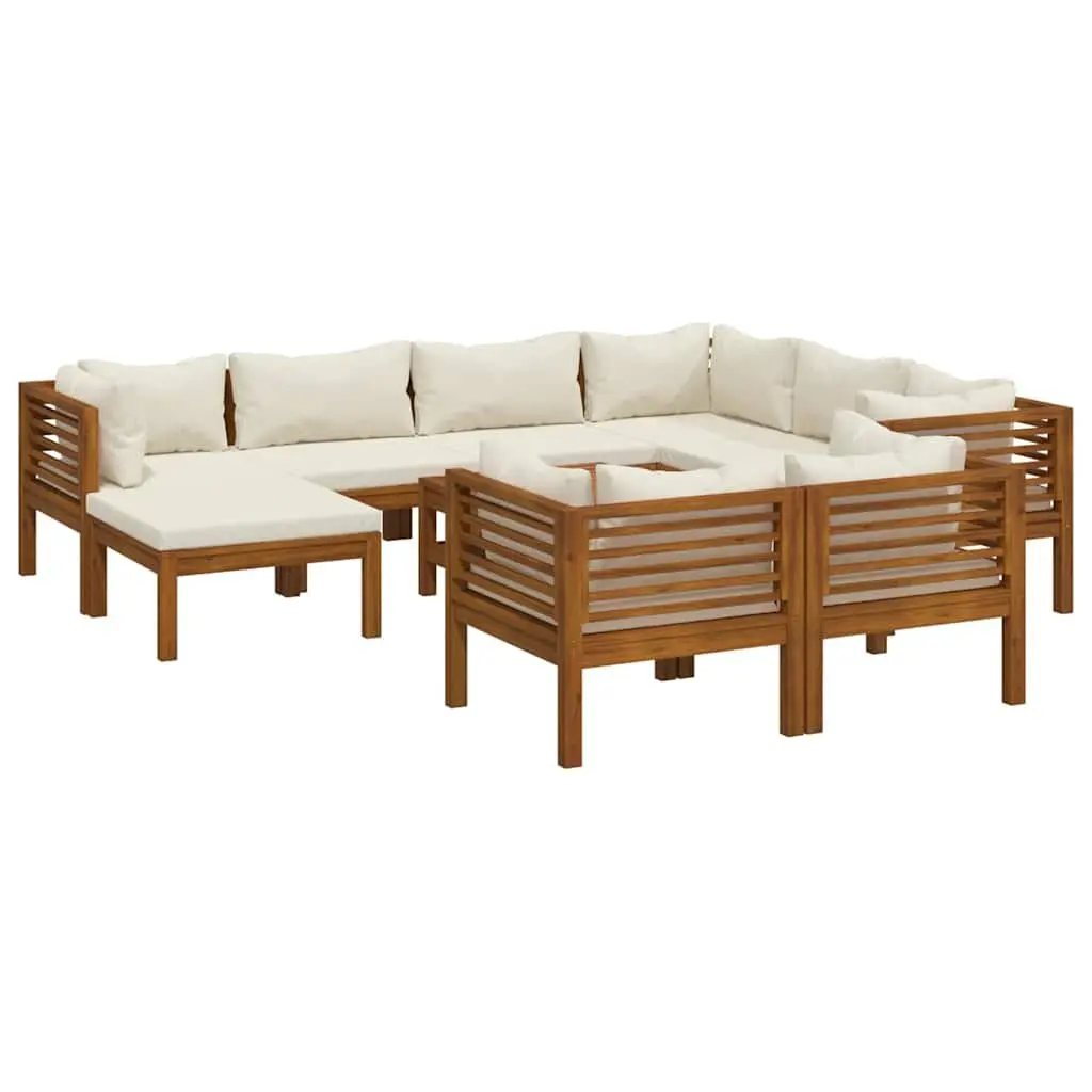Outdoor Lounge Set Cream 10 Piece Modular Acacia Wood Frame with Removable Thick Cushions and Slatted Coffee Table