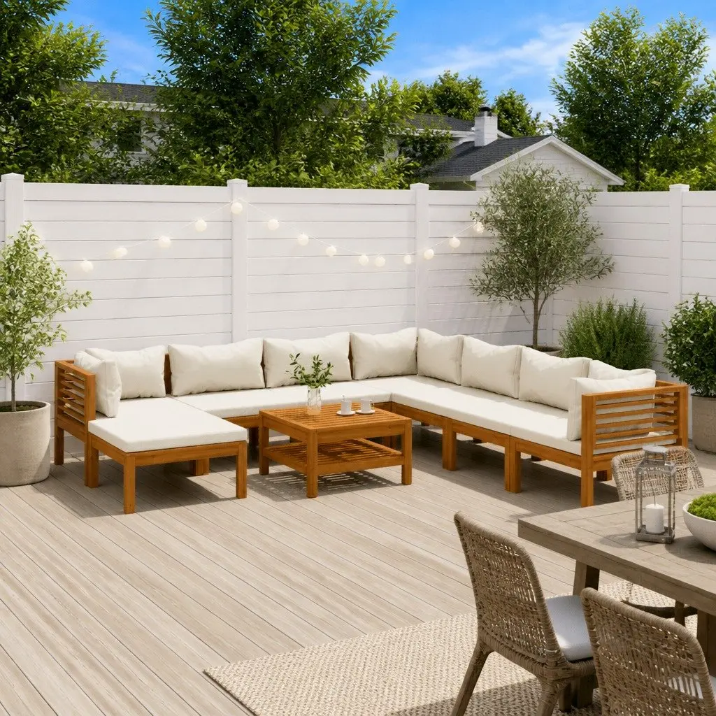 Outdoor Lounge Set Cream 9 Piece Acacia Wood Modular Sofa with Cushions