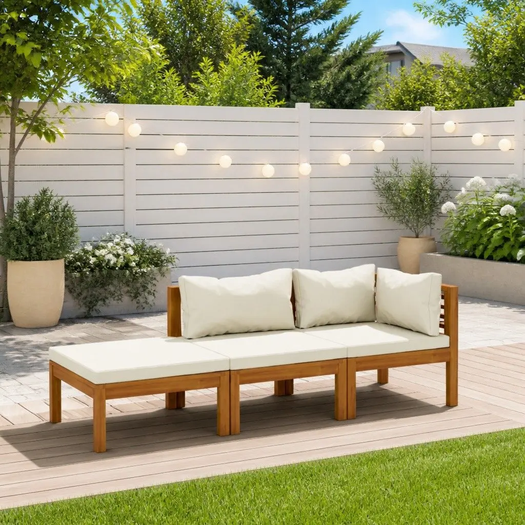 3 Piece Garden Lounge Set Outdoor Furniture Acacia Wood Frame Cream Cushions