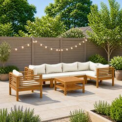 7 Piece Outdoor Lounge Set Garden Furniture Acacia Wood Sofa Coffee Table Cream
