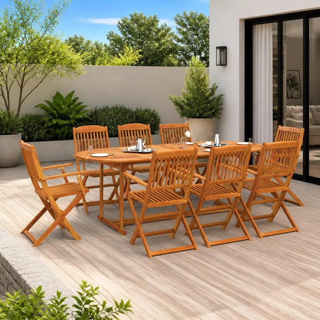 Garden Dining Set Brown 9 Piece Outdoor Patio Table Chairs Solid Wood