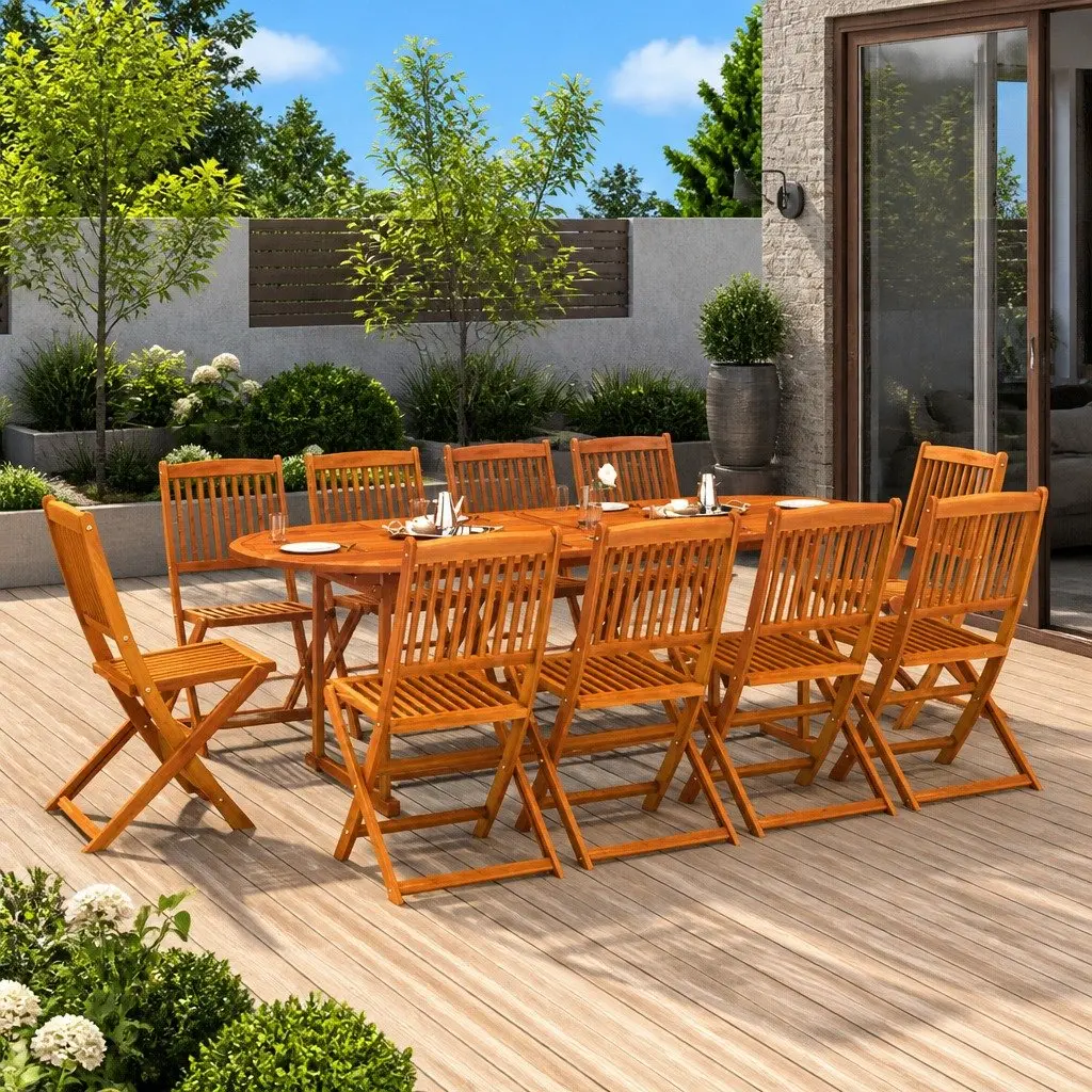 Brown Wood 11 Piece Outdoor Dining Set Patio Furniture Garden Table and Chairs