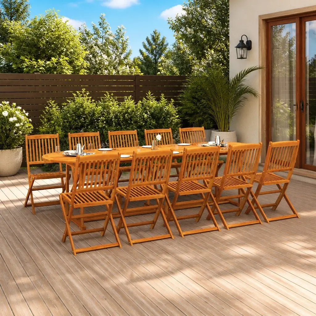 Garden Dining Set Brown 11 Piece Solid Acacia Wood Weather-Resistant Foldable Chairs