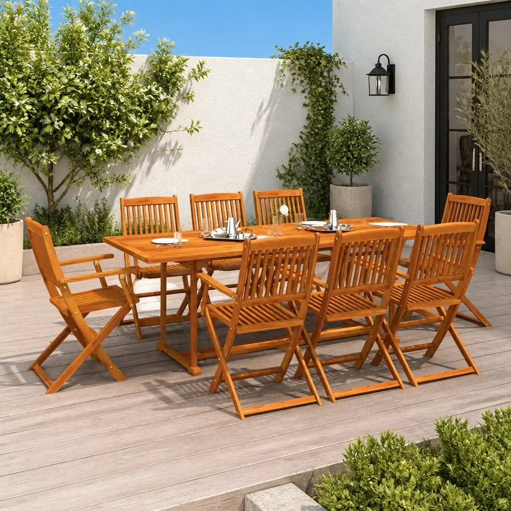 Garden Dining Set Brown 9 Piece Outdoor Patio Table Chairs Weather-Resistant Foldable