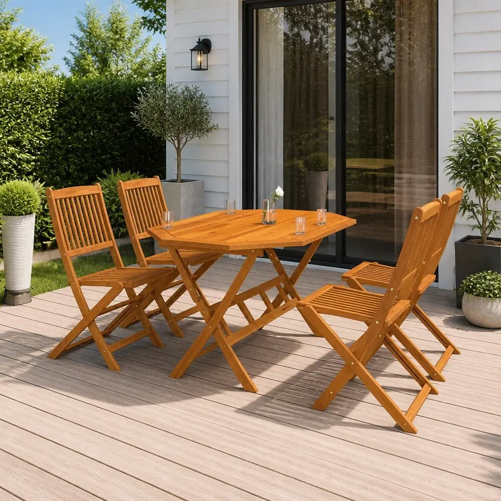 5 Piece Garden Dining Set Brown Foldable Outdoor Patio Table Chairs