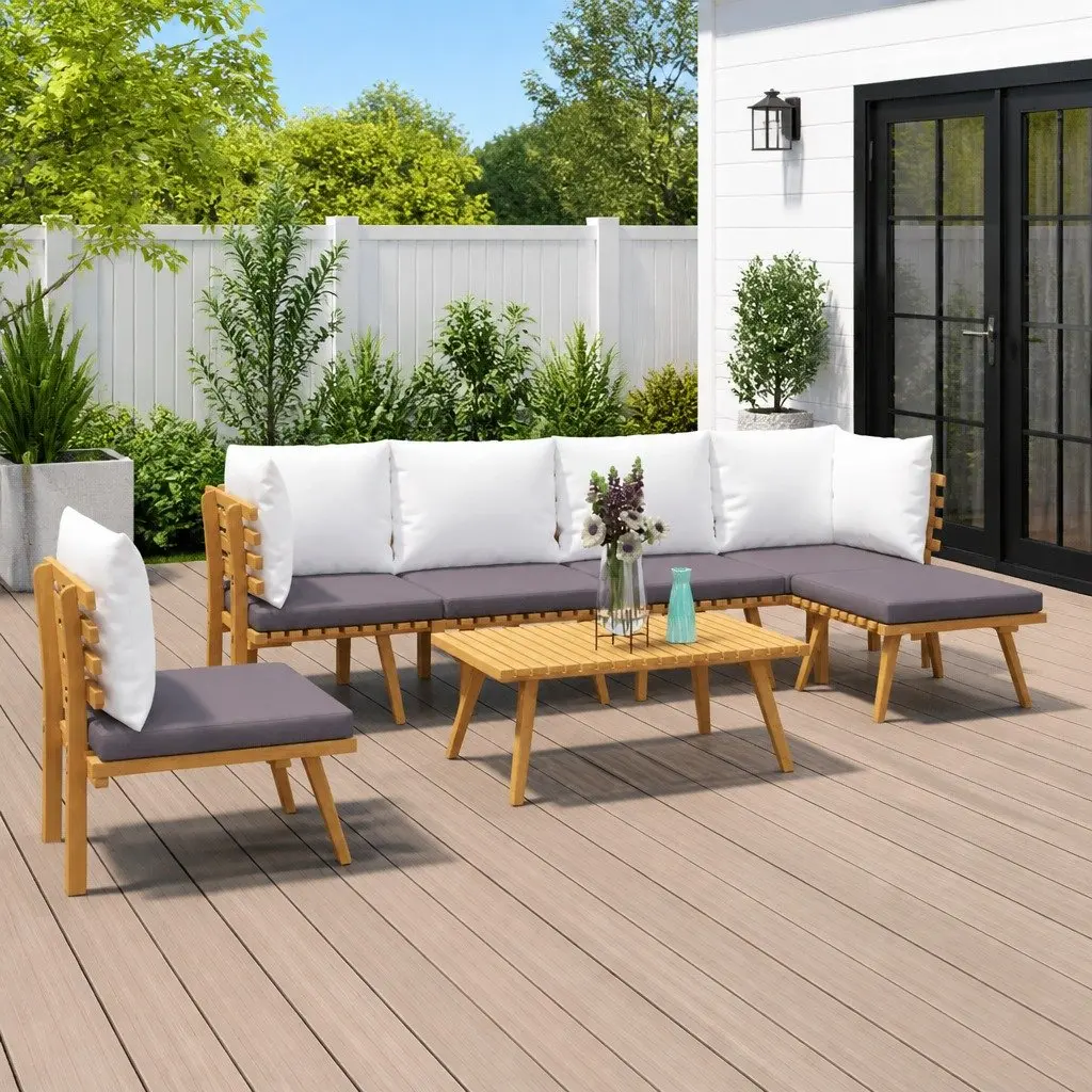 7 Piece Garden Lounge Set Brown Solid Acacia Wood Weather Resistant with Cushions