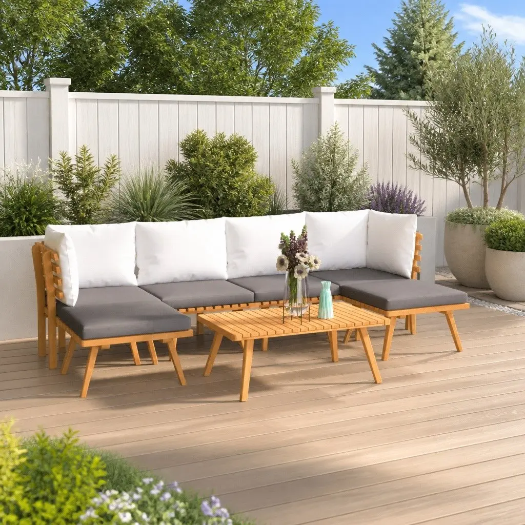 7 Piece Garden Lounge Set Brown Solid Acacia Wood Outdoor Patio with Cushions