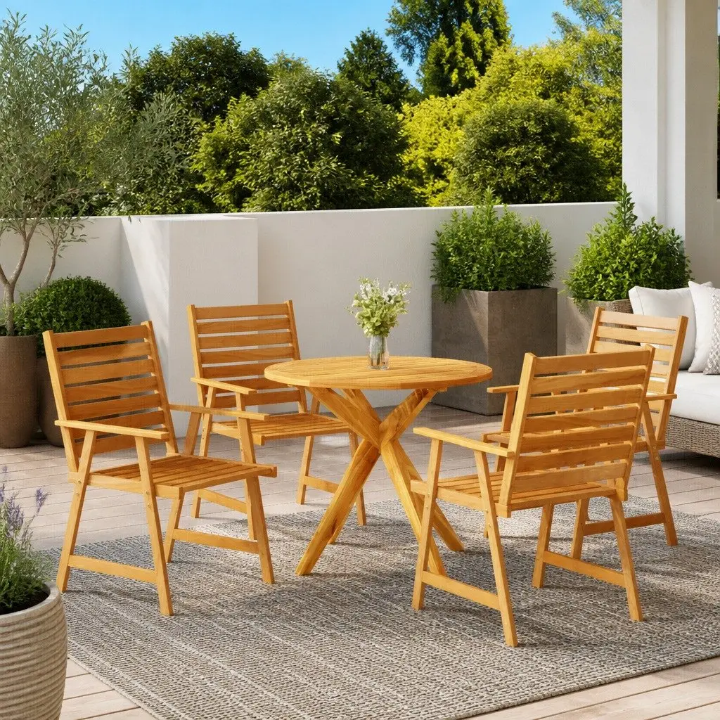 Garden Dining Set Brown 5 Piece Outdoor Patio Table Chairs Solid Acacia Wood