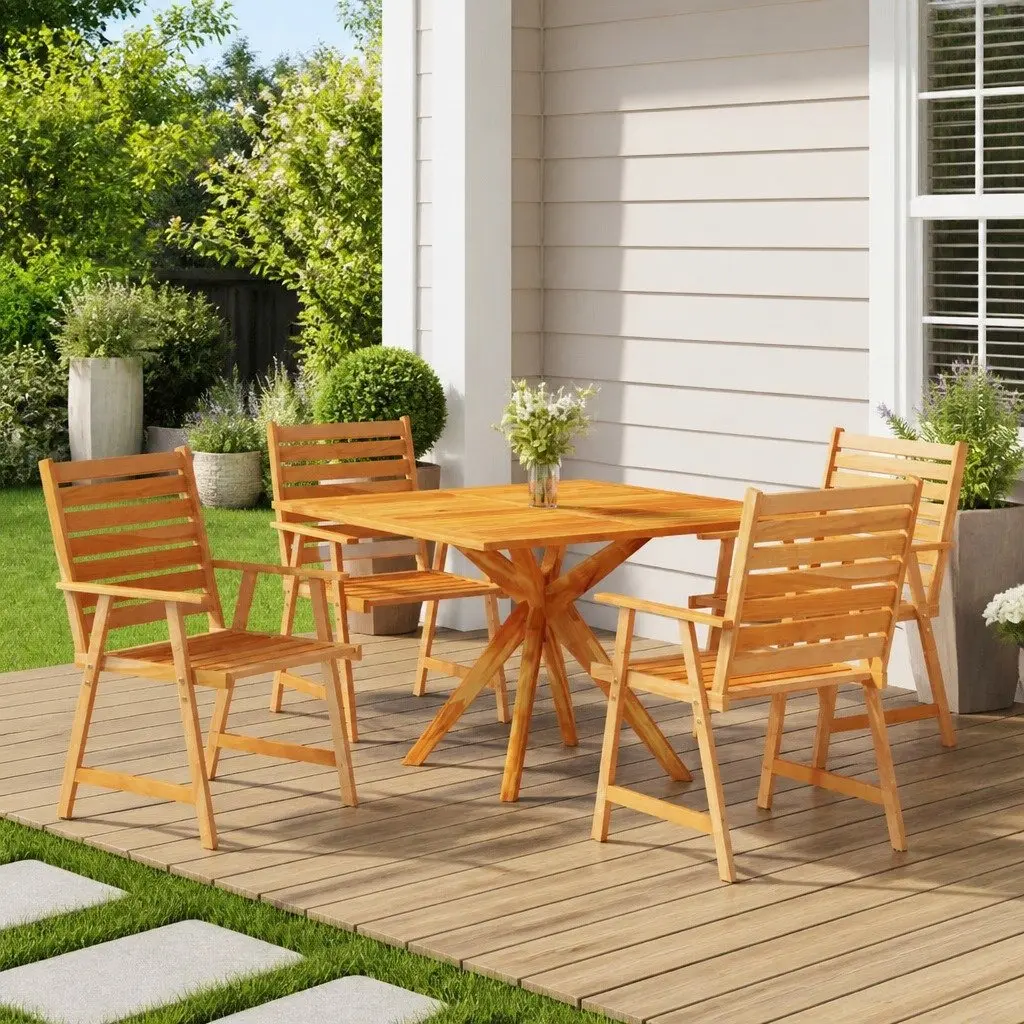 5 Piece Garden Dining Set Brown Solid Acacia Wood Outdoor Patio Furniture