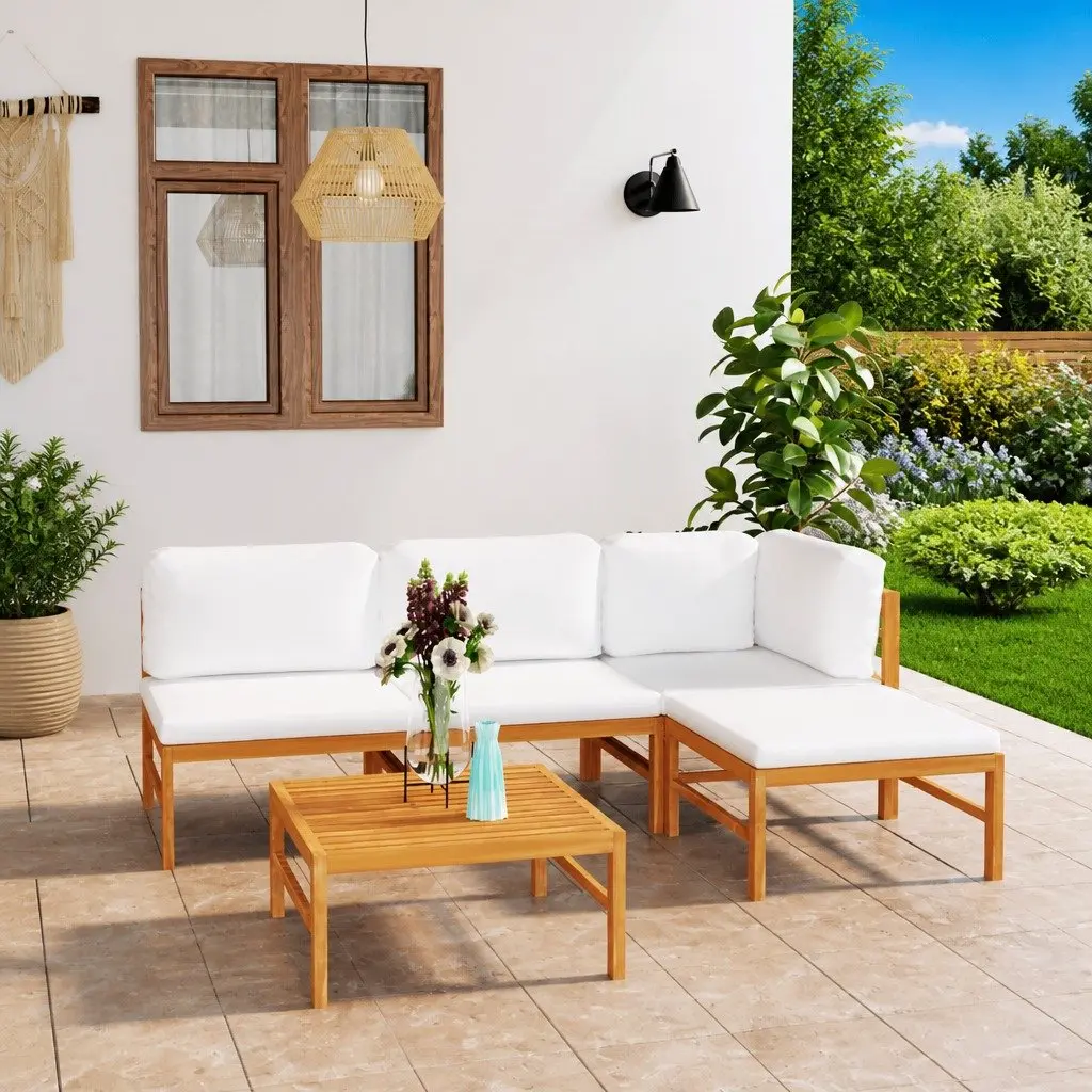 5 Piece Garden Lounge Set Teak Wood Cream Cushions Padded with Footrest and Table