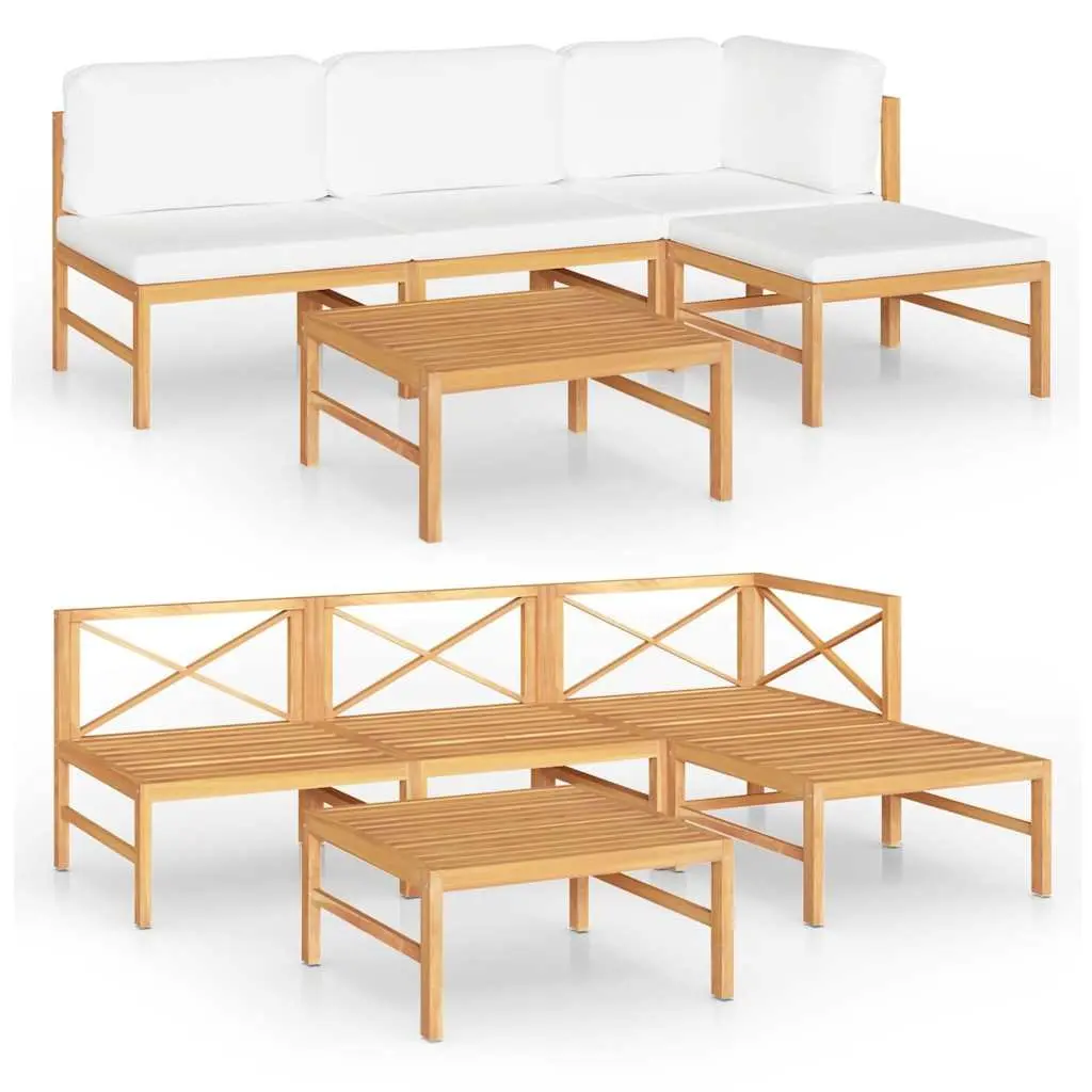 5 Piece Garden Lounge Set Teak Wood Cream Cushions Padded with Footrest and Table