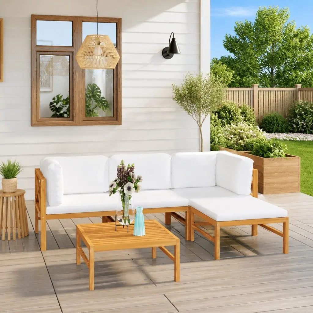 Garden Lounge Set 5 Piece Outdoor Furniture Teak Wood with Cream Cushions