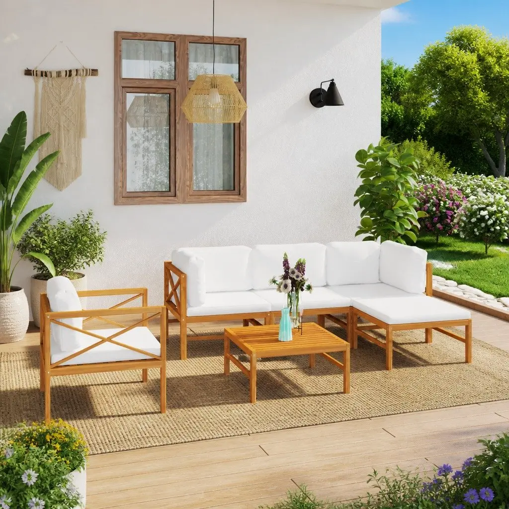 Garden Lounge Set Cream 6 Piece Outdoor Furniture Teak Wood Construction Padded Cushions
