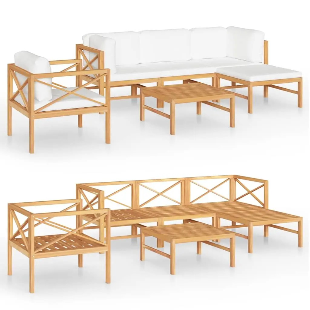 Garden Lounge Set Cream 6 Piece Outdoor Furniture Teak Wood Construction Padded Cushions