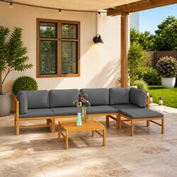 Garden Lounge Set 6 Piece Outdoor Furniture Teak Wood Grey Cushions Patio Sofa