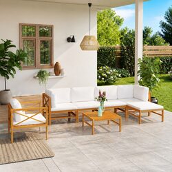 Garden Lounge Set 7 Piece Outdoor Furniture Teak Wood Cream Cushions Patio Sofa