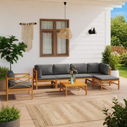 7 Piece Garden Lounge Set Outdoor Furniture Teak Wood Grey Cushions Patio Sofa