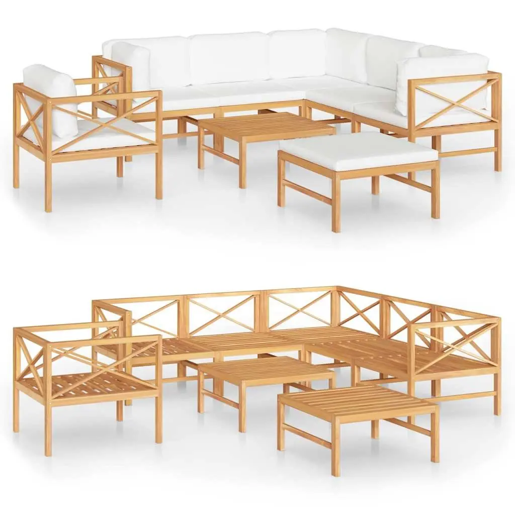 Garden Lounge Set Cream 8 Piece Teak Wood Outdoor Furniture Padded Cushions