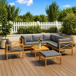 Outdoor Garden Lounge Set 8 Piece Teak Wood Furniture with Grey Cushions Patio