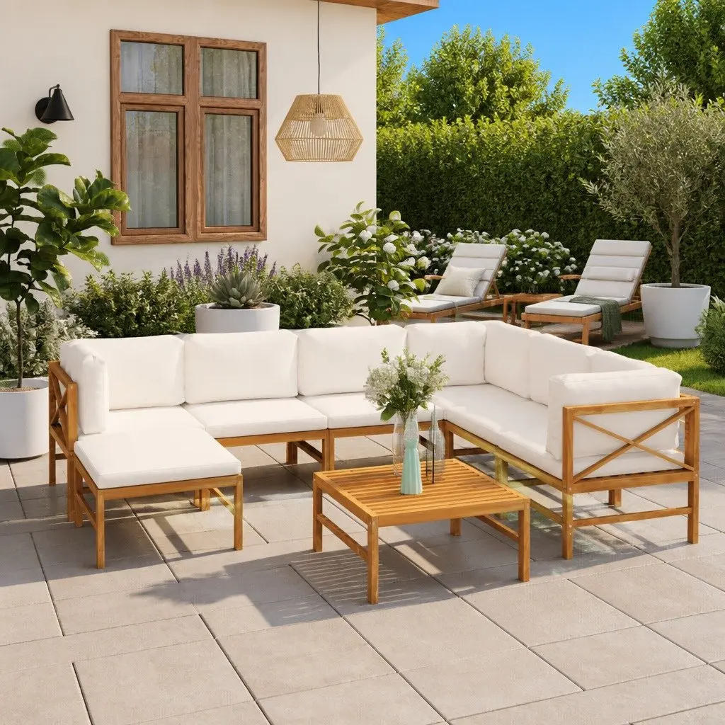 Garden Lounge Set Teak 8 Piece Outdoor Furniture Patio Sofa with Cushions