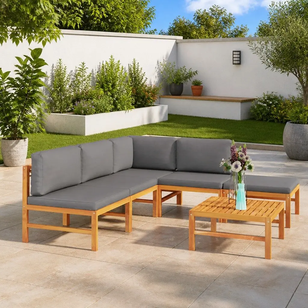 Garden Lounge Set Teak Wood Grey Cushions 6 Piece Outdoor Furniture