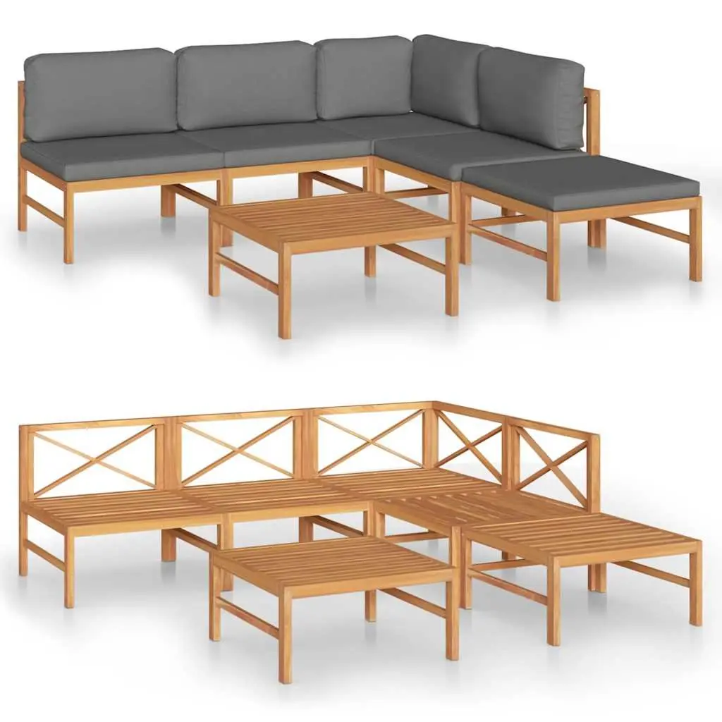 Garden Lounge Set Teak Wood Grey Cushions 6 Piece Outdoor Furniture