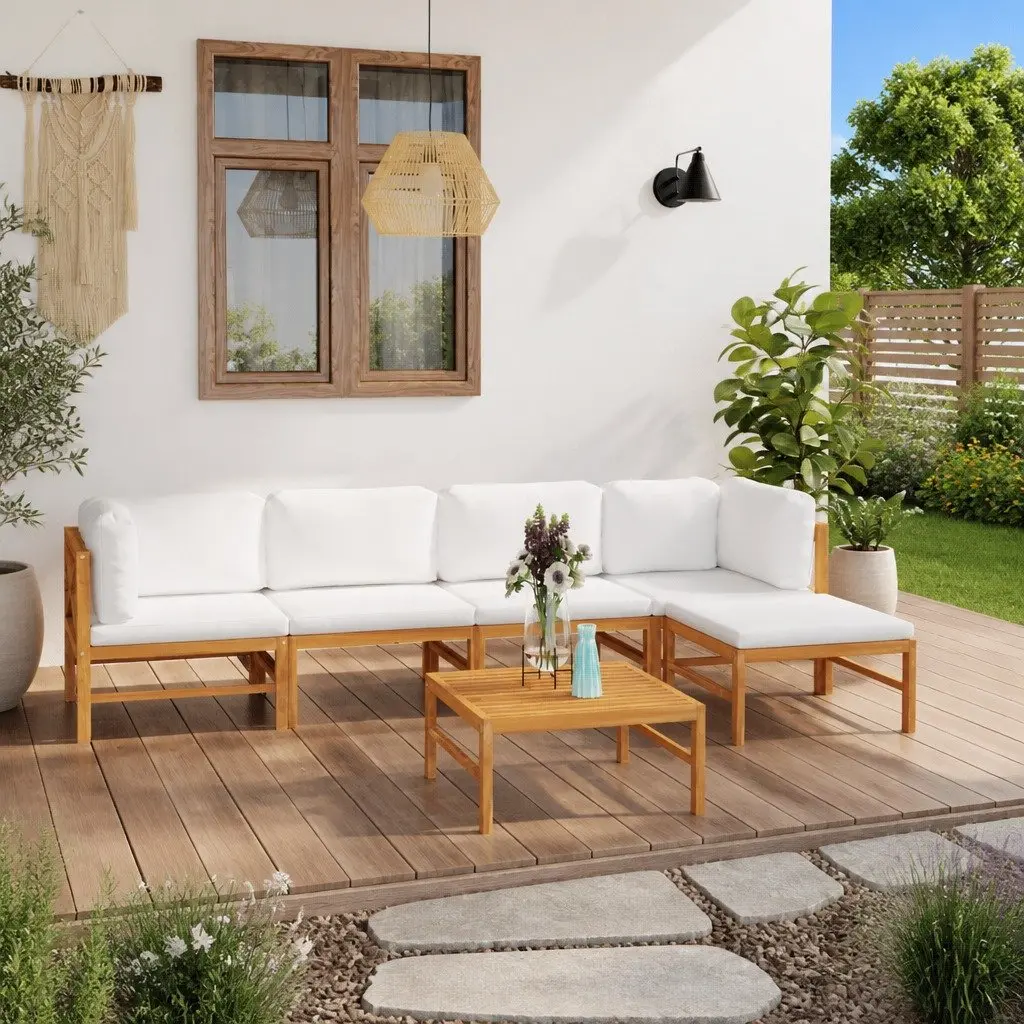 6 Piece Garden Lounge Set Cream Cushions Teak Wood Outdoor Patio Furniture