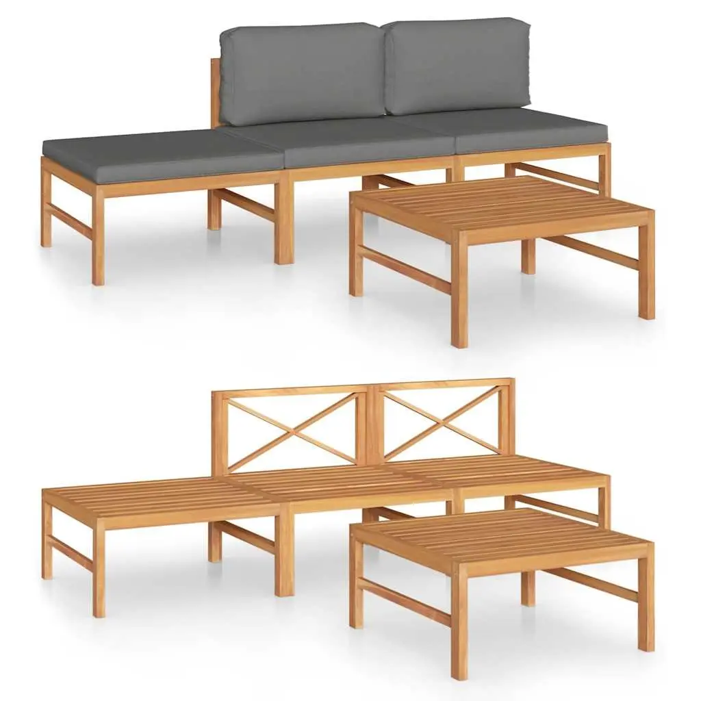 Garden Lounge Set 4 Piece Outdoor Furniture Grey Cushions Teak Wood Patio