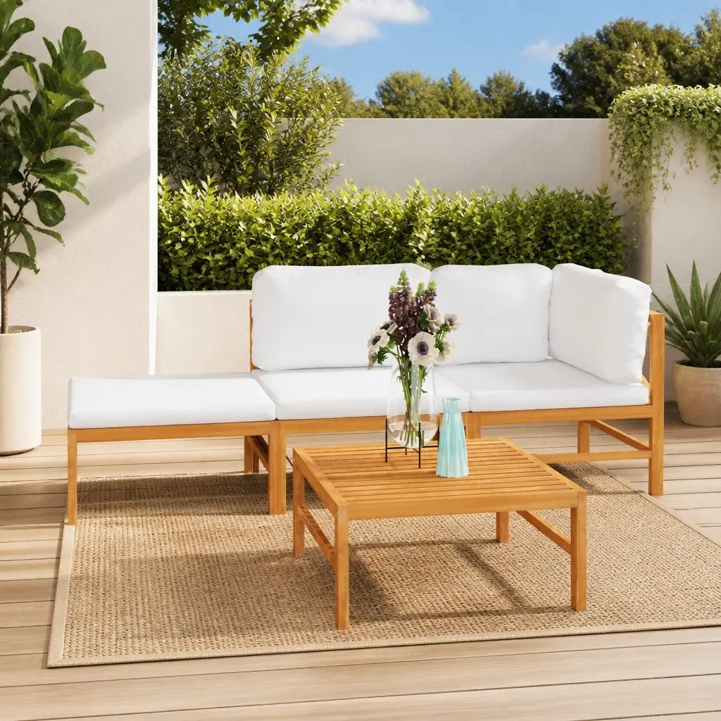 Garden Lounge Set 4 Piece Outdoor Furniture Teak Wood Cream Cushions Patio