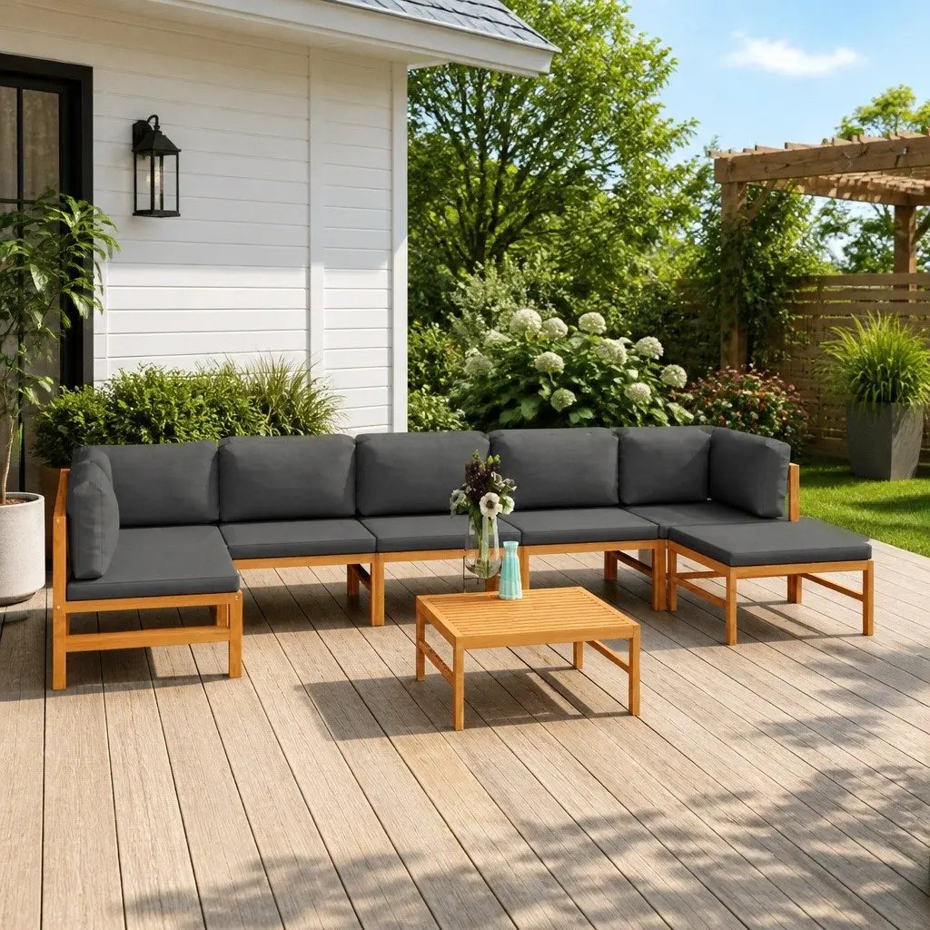 Garden Lounge Set Grey 8 Piece Teak Wood Outdoor Furniture with Cushions