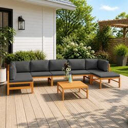 Garden Lounge Set 8 Piece Outdoor Furniture Grey Cushions Teak Wood Patio