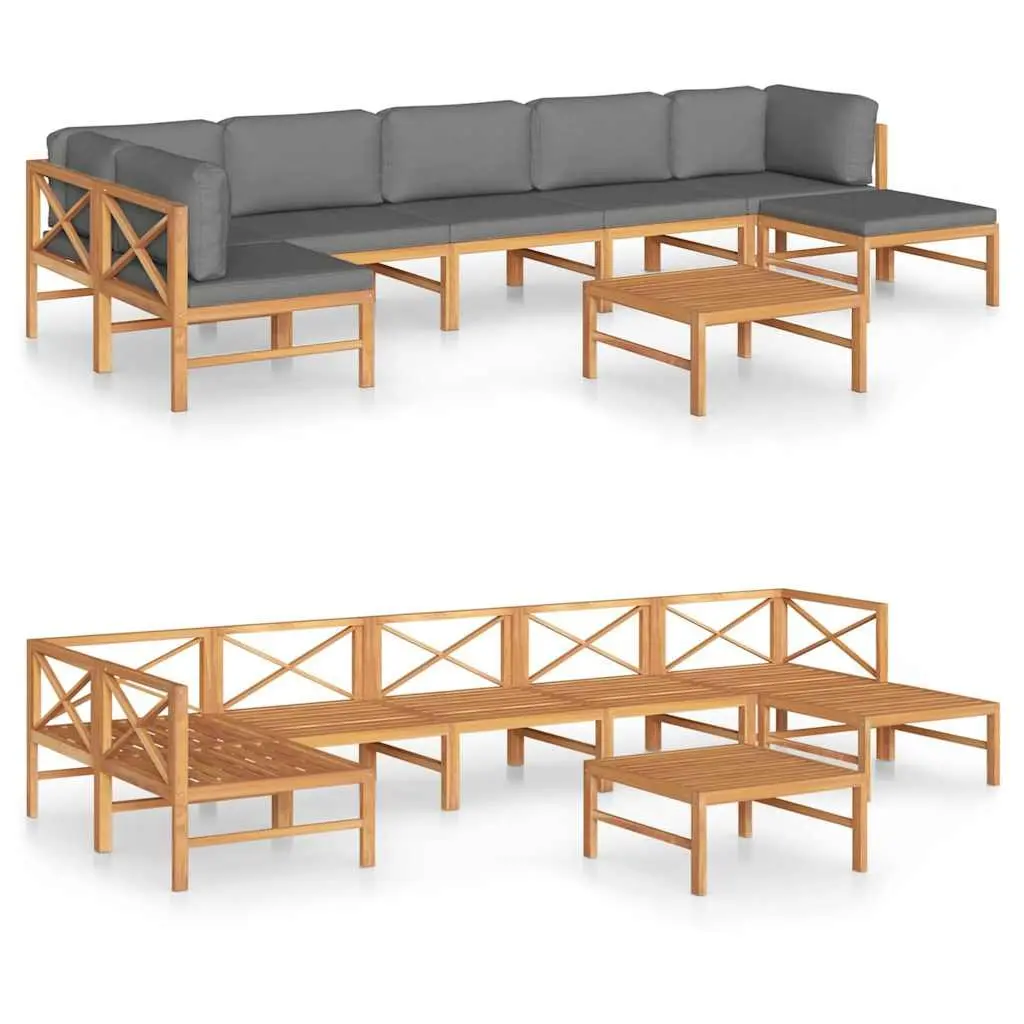 Garden Lounge Set Grey 8 Piece Teak Wood Outdoor Furniture with Cushions