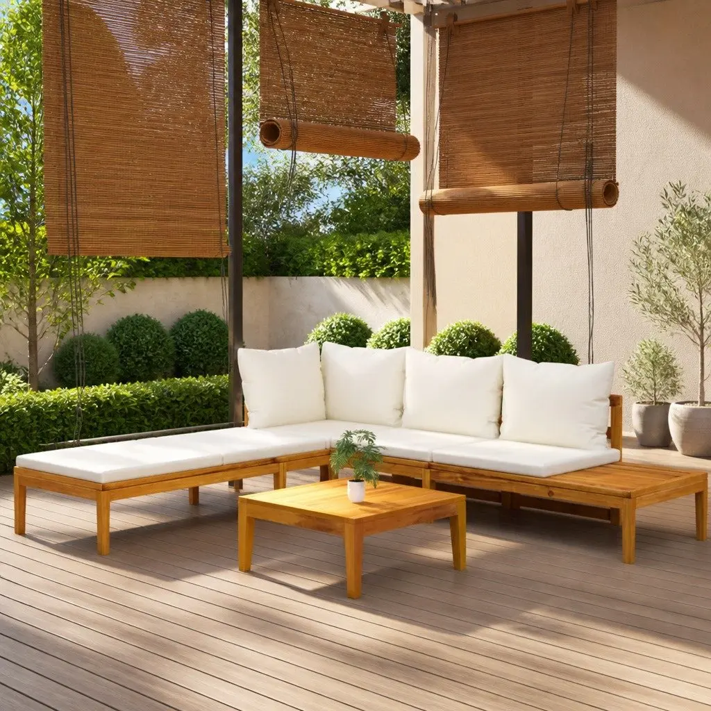 Garden Lounge Set 3 Piece Outdoor Patio Furniture Acacia Wood Cream Cushions